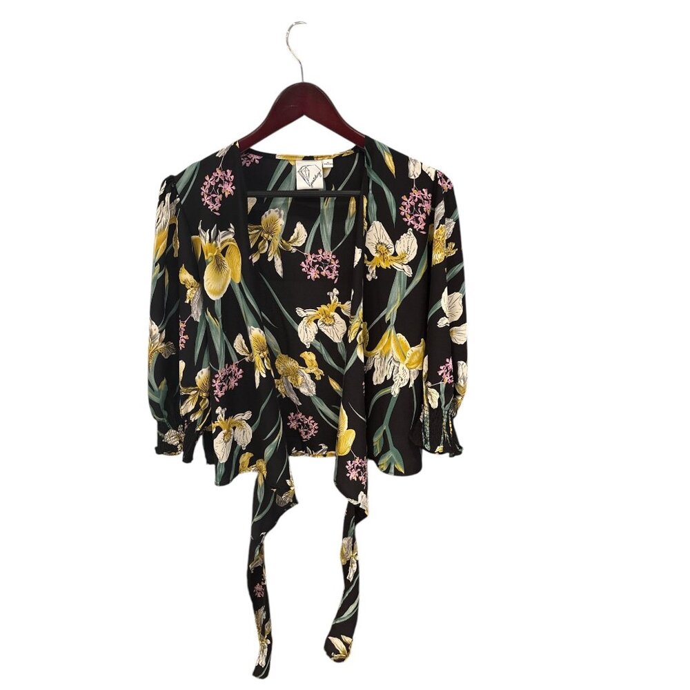 Fairy Floral Wrap Tie Front Top With 3/4 Sleeves By Janetchung XL
